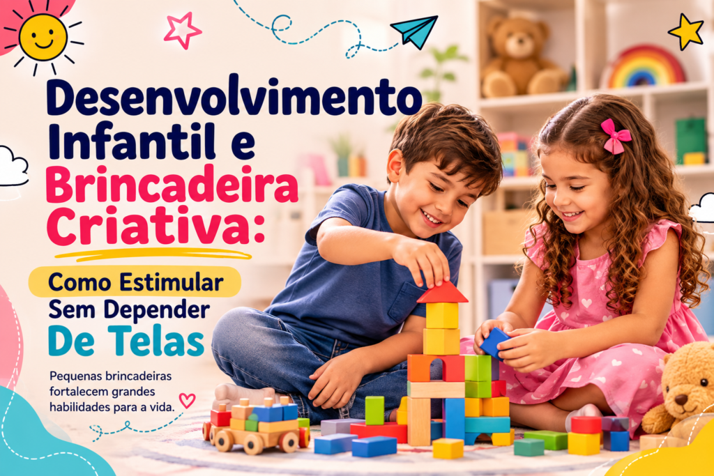 Criança brincando com blocos coloridos em um ambiente acolhedor, enquanto uma ilustração destaca a importância da brincadeira criativa para o desenvolvimento infantil sem depender de telas.
