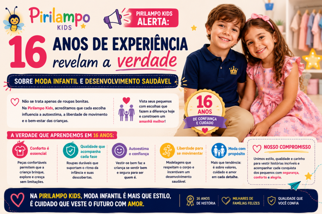 Banner horizontal da Pirilampo Kids destacando 16 anos de experiência em moda infantil, com duas crianças sorrindo e informações sobre conforto, qualidade, autoestima, liberdade de movimento e desenvolvimento saudável.
