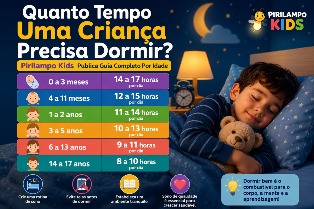 Infográfico do Pirilampo Kids sobre a quantidade de horas de sono recomendada para crianças e adolescentes por faixa etária, com uma criança dormindo abraçada a um ursinho, em um quarto aconchegante com lua, estrelas e relógio.
