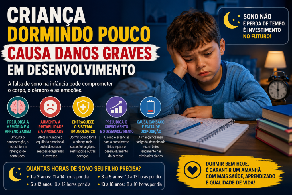 Infográfico sobre os prejuízos da falta de sono na infância, mostrando uma criança cansada diante dos estudos e destacando possíveis impactos na memória, aprendizagem, humor, imunidade, crescimento, desenvolvimento e disposição.
