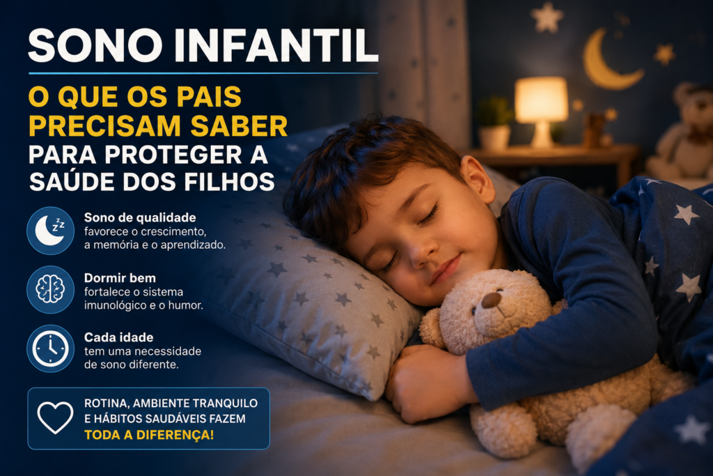 Criança dormindo tranquilamente em um quarto aconchegante, abraçada a um ursinho de pelúcia, enquanto a imagem destaca a importância do sono infantil para o crescimento, memória, aprendizado, imunidade e bem-estar.