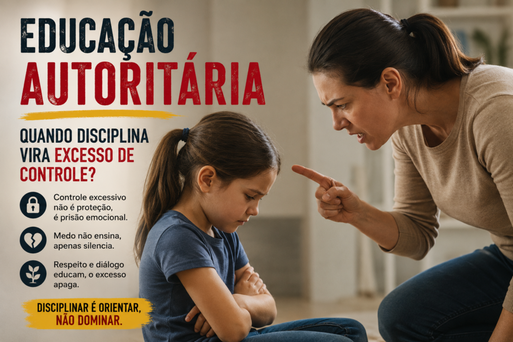 Educação autoritária: mãe repreende uma criança triste e retraída, destacando os efeitos do excesso de controle na disciplina infantil.
