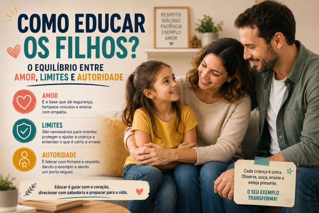 Infográfico sobre como educar os filhos com equilíbrio entre amor, limites e autoridade, mostrando uma família reunida em um ambiente acolhedor e destacando a importância do respeito, diálogo, paciência e exemplo.