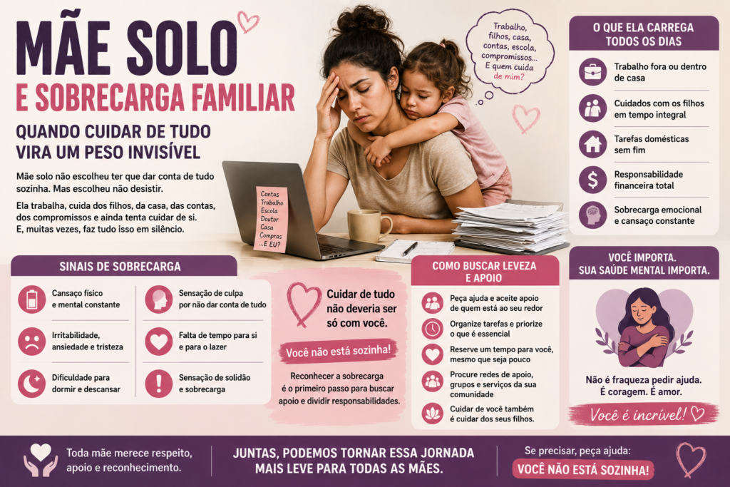 Infográfico horizontal sobre mães solo e sobrecarga familiar, mostrando uma mãe com a filha enquanto concilia trabalho, cuidados com os filhos, tarefas domésticas e responsabilidades financeiras. A imagem apresenta sinais de sobrecarga, como cansaço, ansiedade, culpa, tristeza e falta de descanso, além de orientações para buscar apoio, dividir responsabilidades e cuidar da saúde mental.