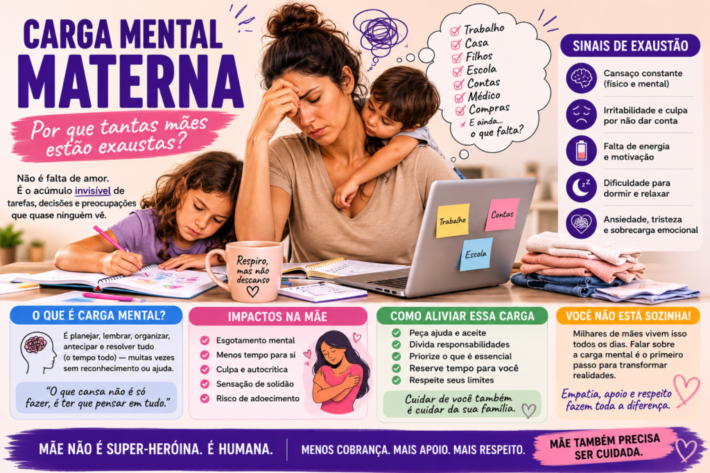 Infográfico horizontal sobre carga mental materna, mostrando uma mãe exausta cuidando dos filhos enquanto lida com trabalho, casa, contas, escola e outras responsabilidades. A imagem apresenta sinais de exaustão, impactos emocionais e formas de aliviar a sobrecarga, como pedir ajuda, dividir responsabilidades, priorizar tarefas e reservar tempo para si.
