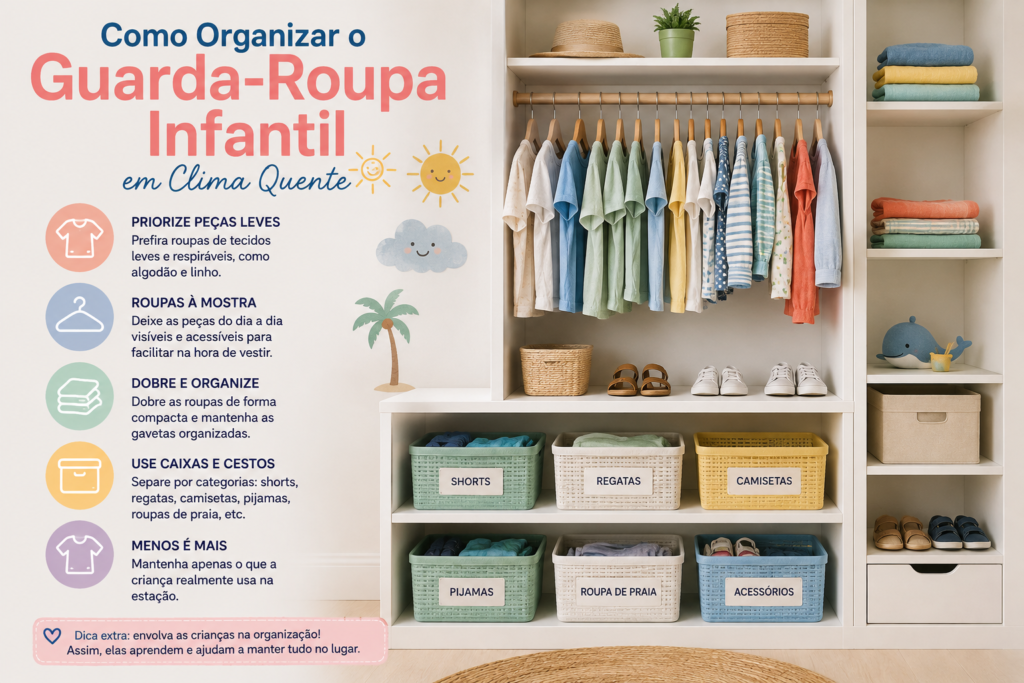 Guarda-roupa infantil organizado para o clima quente, com roupas leves e coloridas penduradas em cabides, caixas organizadoras etiquetadas, sapatos e acessórios distribuídos em prateleiras. Ao lado, um infográfico apresenta dicas para manter as peças bem organizadas, como priorizar tecidos leves, dobrar as roupas, usar cestos e separar por categorias, com ilustrações de sol, nuvem e palmeira em um ambiente claro e acolhedor.
