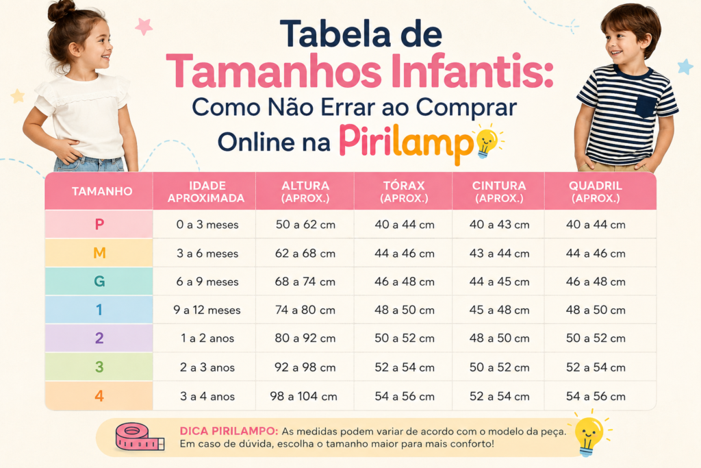 Infográfico com o título "Tabela de Tamanhos Infantis: Como Não Errar ao Comprar Online na Pirilampo". A imagem apresenta uma menina e um menino nas laterais e, ao centro, uma tabela de tamanhos infantis com informações de idade aproximada, altura, tórax, cintura e quadril para os tamanhos P, M, G, 1, 2, 3 e 4. Na parte inferior, há uma dica informando que as medidas podem variar conforme o modelo da peça e recomendando escolher um tamanho maior em caso de dúvida para garantir mais conforto.
