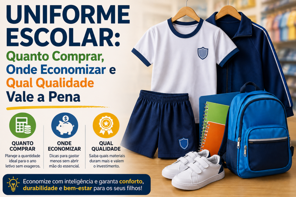 Imagem ilustrativa sobre uniforme escolar. À esquerda, o título em destaque: "Uniforme Escolar: Quanto Comprar, Onde Economizar e Qual Qualidade Vale a Pena". Abaixo, três ícones representam os temas principais: quantidade ideal de peças, dicas para economizar e importância da qualidade dos materiais. À direita, aparecem uma camiseta, bermuda e jaqueta de uniforme nas cores branca e azul-marinho, acompanhadas de uma mochila azul, cadernos e um par de tênis brancos sobre uma mesa. O fundo mostra uma loja de artigos escolares desfocada, reforçando a temática de volta às aulas e planejamento de compras.
