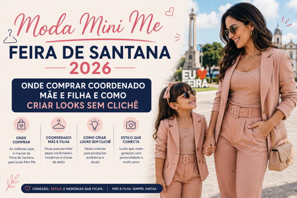 Banner promocional com o título “Moda Mini Me Feira de Santana 2026: Onde Comprar Coordenado Mãe e Filha e Como Criar Looks Sem Clichê”. À direita, uma mãe e sua filha caminham de mãos dadas usando looks coordenados em tons de rosa claro, com blazers, calças e óculos de sol combinando. Ao fundo, aparece um ponto turístico urbano de Feira de Santana com a placa “Eu ❤️ Feira”. À esquerda, o layout apresenta informações sobre onde comprar roupas Mini Me, dicas para escolher peças coordenadas, sugestões para criar combinações autênticas e orientações para desenvolver um estilo que fortaleça a conexão entre mãe e filha. A arte utiliza cores suaves, elementos gráficos delicados e um visual moderno que transmite elegância, afeto e estilo familiar.