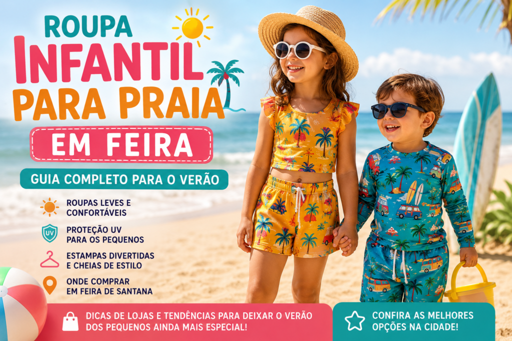 : Ilustração promocional com duas crianças sorrindo na praia usando roupas infantis coloridas de verão. A menina veste conjunto estampado amarelo, chapéu de palha e óculos de sol, enquanto o menino usa conjunto azul com estampa tropical e segura um balde de praia. Ao fundo, há mar, areia, prancha de surfe, coqueiros e céu ensolarado. À esquerda, o destaque é para o título "Roupa Infantil Para Praia em Feira – Guia Completo Para o Verão", acompanhado de ícones e informações sobre roupas leves e confortáveis, proteção UV, estampas divertidas, opções de compra em Feira de Santana e dicas de tendências para o verão infantil.
