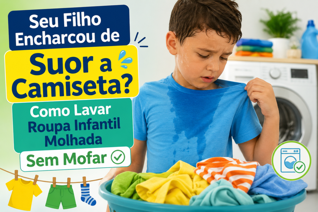 Uma criança aparece com a camiseta azul encharcada de suor enquanto observa a mancha na roupa. Ao lado, há uma máquina de lavar e um cesto cheio de roupas coloridas. A arte destaca o título: “Seu Filho Encharcou de Suor a Camiseta? Como Lavar Roupa Infantil Molhada Sem Mofar”, acompanhado de ícones relacionados à lavagem e aos cuidados com roupas infantis.