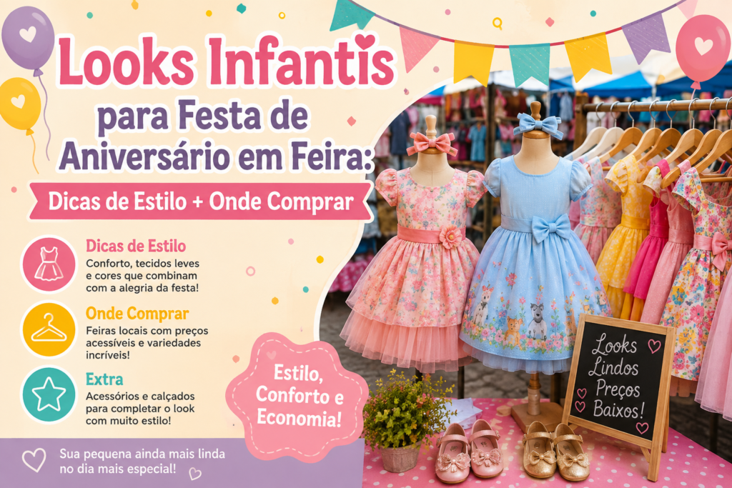 Banner colorido sobre looks infantis para festa de aniversário em Feira de Santana. À esquerda, o título em destaque: "Looks Infantis para Festa de Aniversário em Feira: Dicas de Estilo + Onde Comprar". Abaixo, há dicas que destacam conforto, tecidos leves, cores alegres, acessórios e calçados para completar o visual.

À direita, manequins exibem vestidos infantis em tons pastel, como rosa e azul, além de um cabideiro com diversas opções de roupas infantis estampadas. Na parte inferior, sapatos infantis e uma pequena lousa com a frase "Looks Lindos, Preços Baixos!". O cenário é decorado com balões, bandeirinhas e confetes, transmitindo um clima alegre e festivo, ideal para divulgar moda infantil para aniversários.
