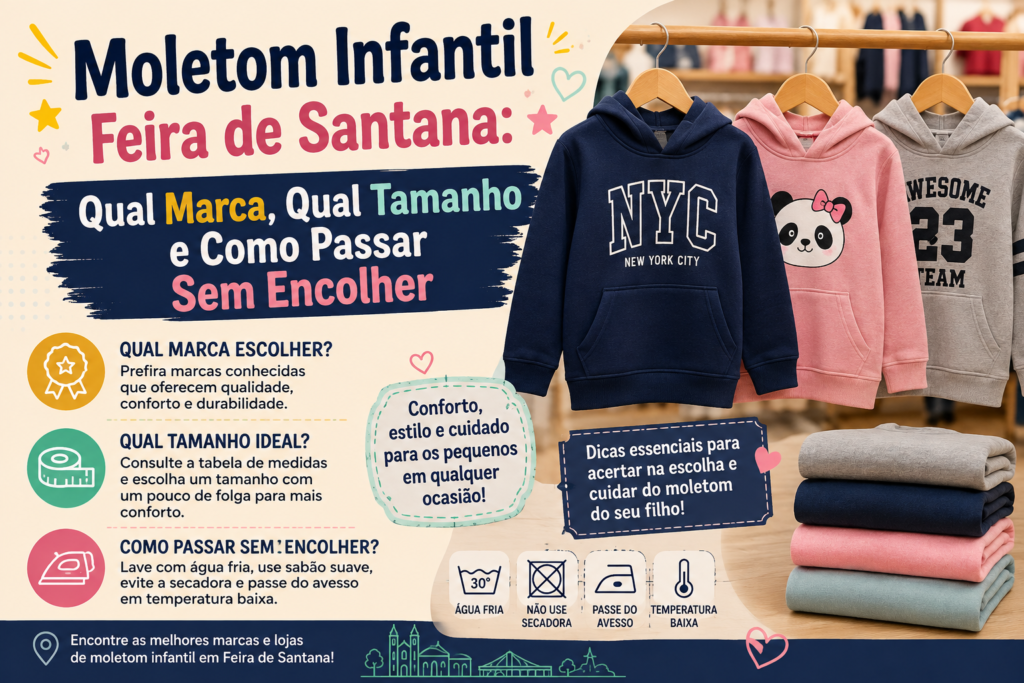 Banner informativo sobre moletom infantil em Feira de Santana. À esquerda, o título em destaque: “Moletom Infantil Feira de Santana: Qual Marca, Qual Tamanho e Como Passar Sem Encolher”. A arte apresenta dicas para escolher marcas de qualidade, encontrar o tamanho ideal e cuidar da peça para evitar encolhimento.

À direita, há três moletons infantis pendurados em cabides: um azul-marinho com a inscrição “NYC”, um rosa com estampa de panda e um cinza com a frase “Awesome 23 Team”. Abaixo, aparecem moletons dobrados em diferentes cores.

Na parte inferior, ícones ilustram cuidados com a peça, como lavar com água fria, não usar secadora, passar do avesso e utilizar temperatura baixa. O design é colorido, com desenhos de corações e elementos infantis, transmitindo uma sensação de conforto, praticidade e estilo.
