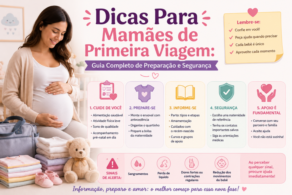 Infográfico em tons suaves com uma gestante em um quarto infantil, cercada por roupas de bebê, mala de maternidade e ursinho. O material apresenta dicas para mães de primeira viagem sobre autocuidado, preparação, informação, segurança e apoio, além de orientações sobre sinais de alerta na gravidez, como sangramento, perda de líquido, contrações fortes ou regulares e redução dos movimentos do bebê.
