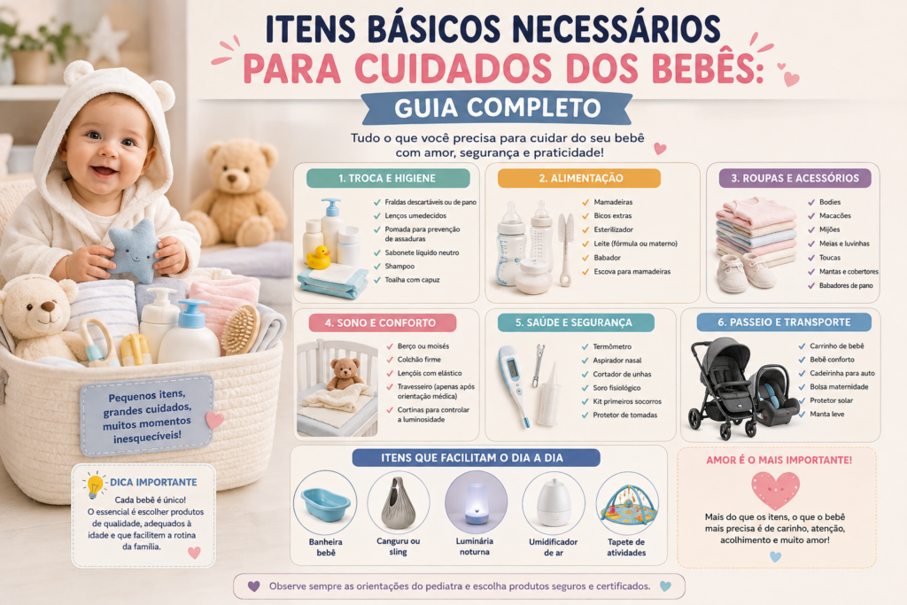 nfográfico com bebê e cesta de produtos, apresentando itens básicos para os cuidados dos bebês, organizados nas categorias higiene, alimentação, roupas e acessórios, sono e conforto, saúde e segurança, passeio e transporte. O material também destaca itens que facilitam a rotina e orienta sobre a escolha de produtos seguros e certificados.