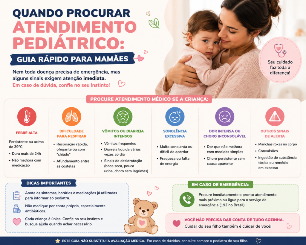 Infográfico intitulado “Quando procurar atendimento pediátrico: guia rápido para mamães”, com uma mãe e seu bebê. A imagem apresenta sinais de alerta que indicam a necessidade de atendimento médico, como febre alta persistente, dificuldade para respirar, vômitos ou diarreia intensos, sonolência excessiva, dor forte, choro inconsolável, convulsões e sinais de desidratação. Também traz dicas para as mães e orienta procurar atendimento de emergência em situações graves.

