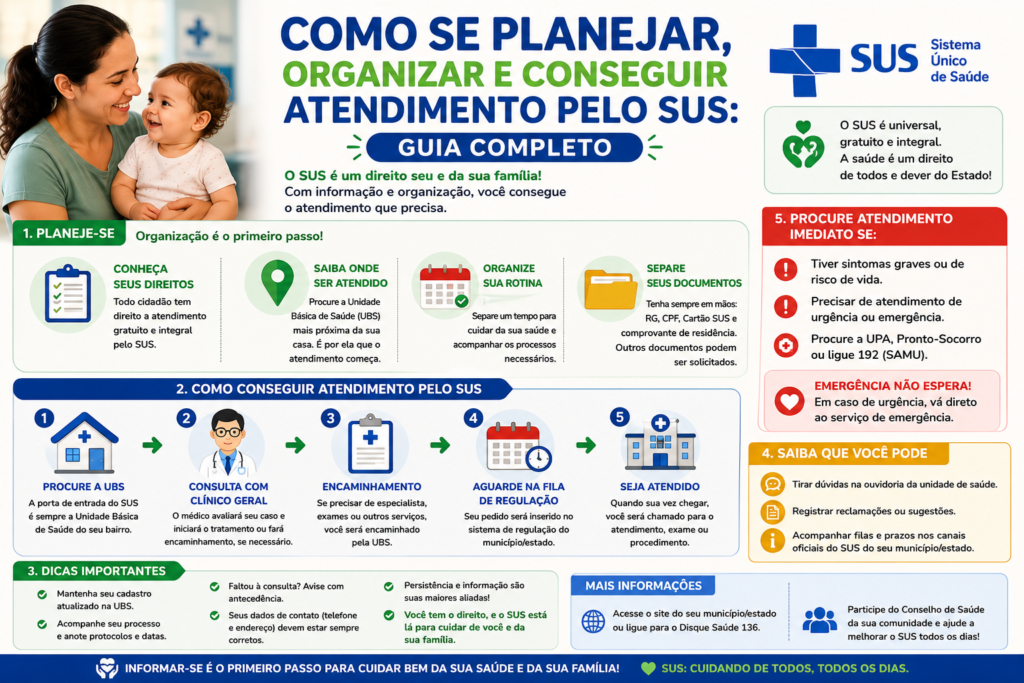 Infográfico horizontal intitulado “Como se planejar, organizar e conseguir atendimento pelo SUS: guia completo”. A imagem mostra uma mãe com seu bebê e apresenta orientações sobre direitos no SUS, documentos necessários, busca pela UBS, consulta, encaminhamento, regulação e acompanhamento do atendimento. Também reúne dicas importantes, informações sobre ouvidoria e canais oficiais, além de orientar a procurar atendimento imediato em situações de urgência e emergência.

